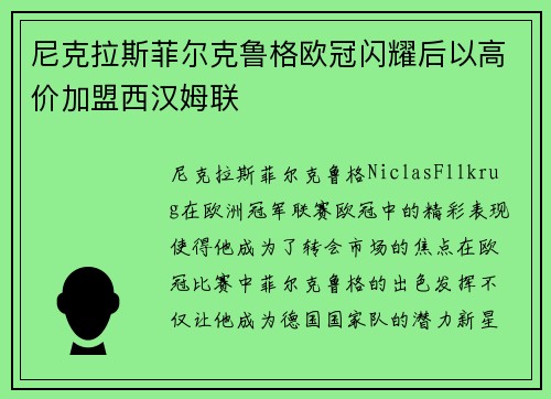 尼克拉斯菲尔克鲁格欧冠闪耀后以高价加盟西汉姆联
