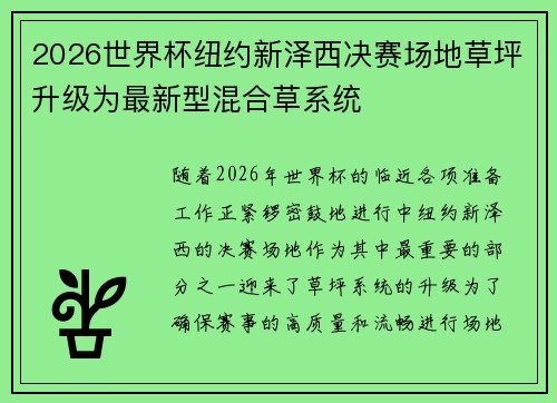 2026世界杯纽约新泽西决赛场地草坪升级为最新型混合草系统 2026世界杯纽约新泽西决赛场地草坪升级为最新型混合草系统